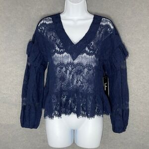 Lulus Top Women Sz S Navy Blue Lace Blouse Ruffle‎ Sheer Romantic Party Event